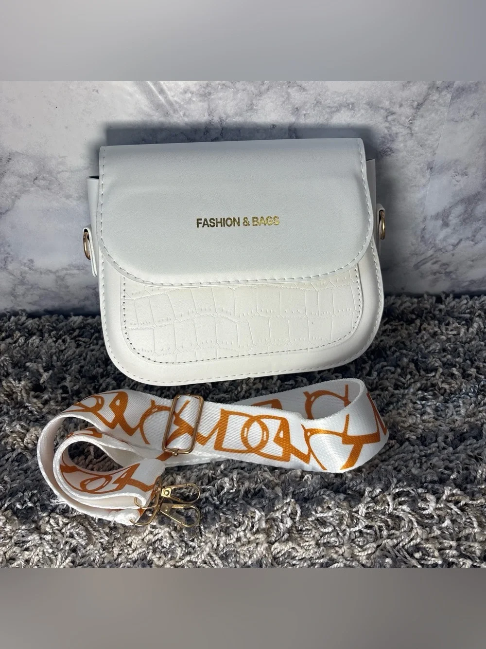 White Crossbody with Patterned Orange Strap